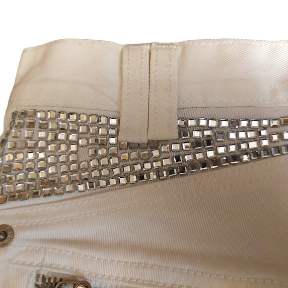 John Richmond RICH Rhinestone Studded Wide Leg White Denim Jeans Sz 42 - Picture 13 of 16
